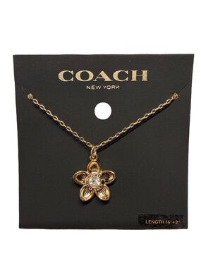 Coach Gold Floral Pendant Necklace with Clear Crystal Center